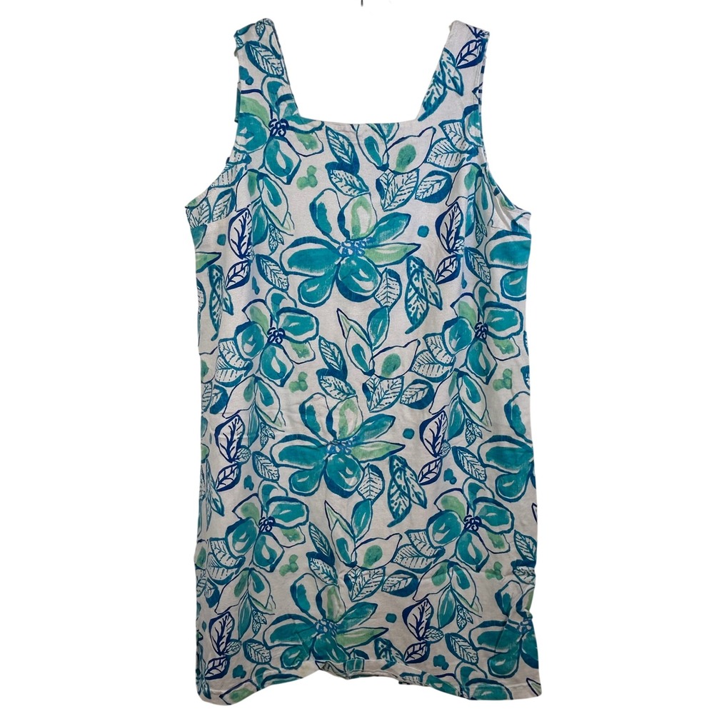 Fresh Produce Floral Shift Dress XL White Teal Blue Cotton Sleeveless Made USA